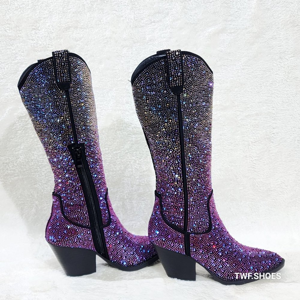 Western Glow Multi Purple Ombre Rhinestone Disco Cowgirl Knee Boots - Picture 3 of 17